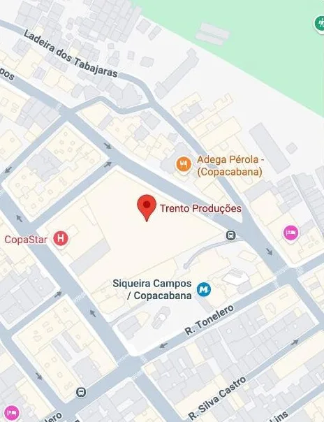 Mapa de Copacabana com a Trento Produções ao lado da estação Siqueira Campos do metrô